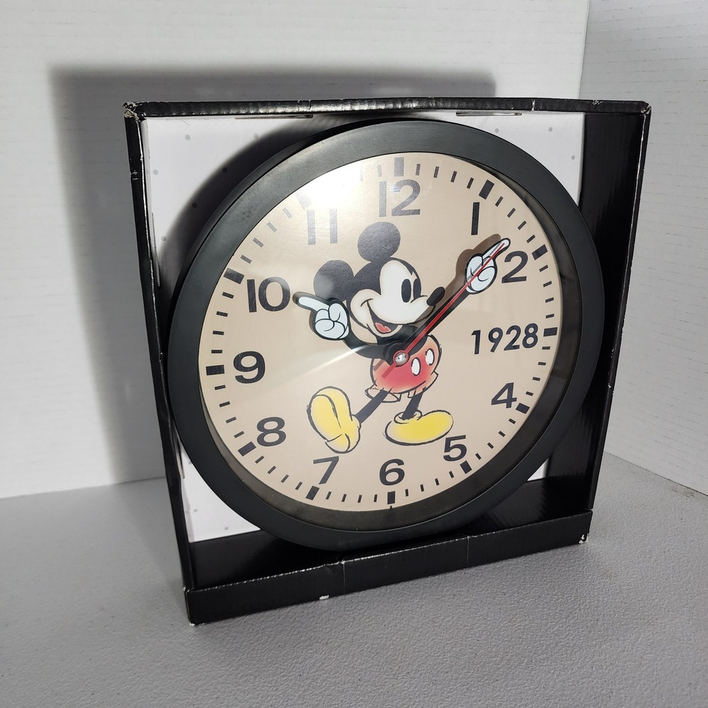 Disney Mickey Mouse Wall Clock 1928 Vintage Style Black Analog MK2032BX New